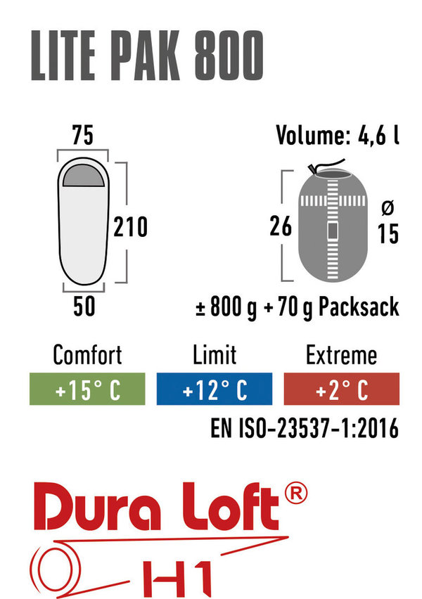 Mumienschlafsack Lite Pak 800 210x75/50 cm bis +2°C 800g